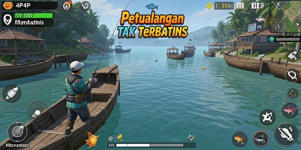 Screenshot game 4P4P menampilkan pemain yang sedang memancing di danau yang indah.