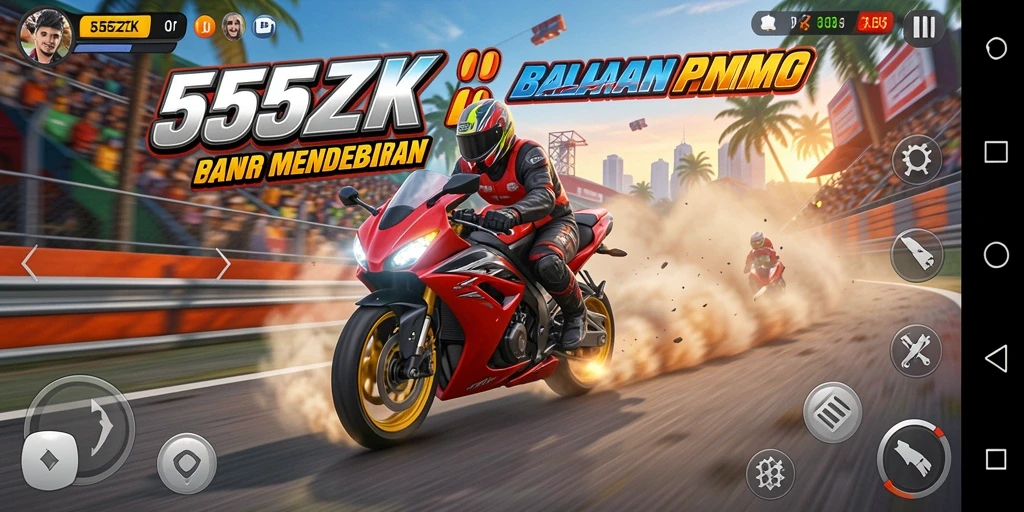 Screenshot utama menampilkan balapan mendebarkan dengan motor cepat.