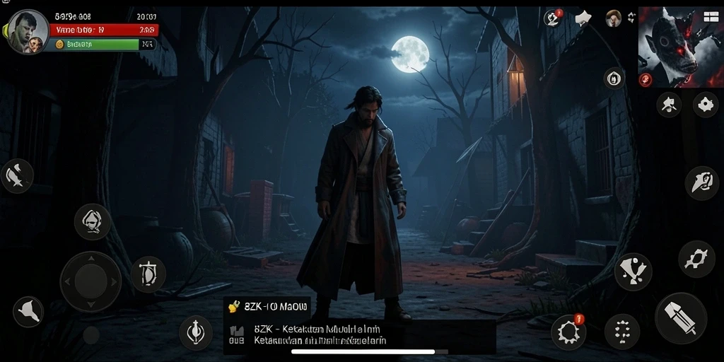 Screenshot gameplay 8ZK menampilkan kegelapan mencekam dengan karakter yang terjebak.