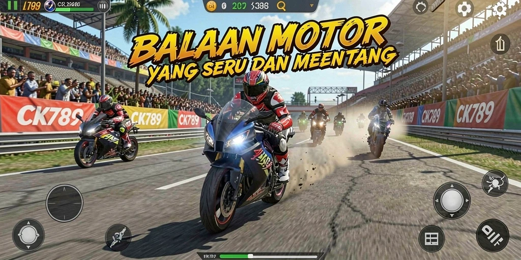 Tampilan screenshot CK789 menampilkan aksi balapan motor yang mendebarkan.
