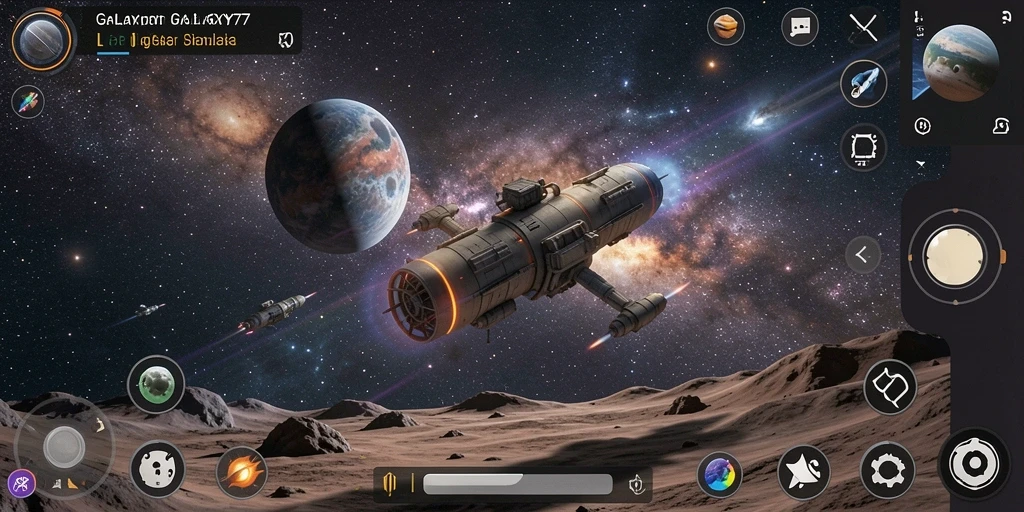Tampilan gameplay GALAXY77 menampilkan eksplorasi luar angkasa yang mendalam.