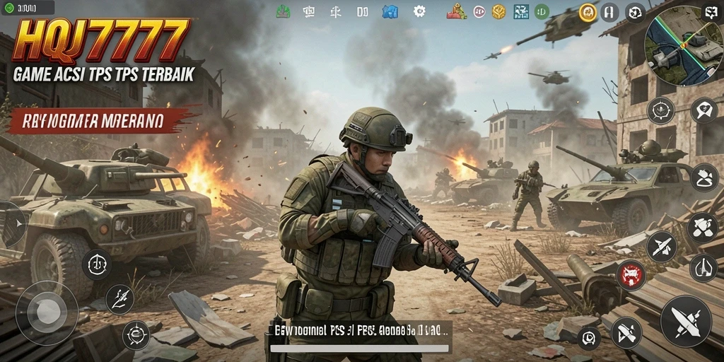 Tampilan gameplay HQ777 yang intens dan penuh aksi dari perspektif TPS.