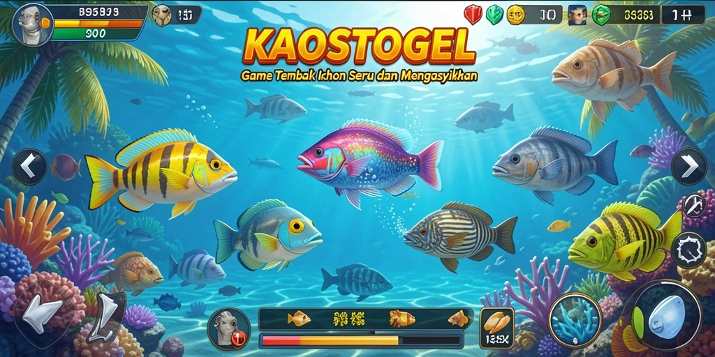 Tampilan gameplay KAOSTOGEL dengan aksi menembak ikan yang mendebarkan.