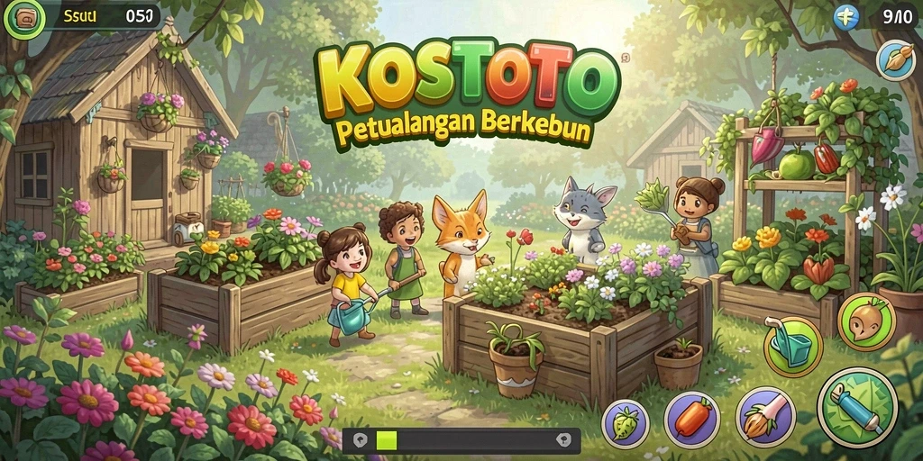 Tampilan gameplay KOSTOTO yang menarik dengan aktivitas berkebun.
