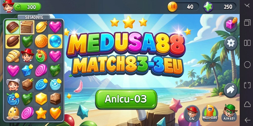 Screenshot MEDUSA88 menunjukkan gameplay Match-3 yang menarik dan penuh warna.