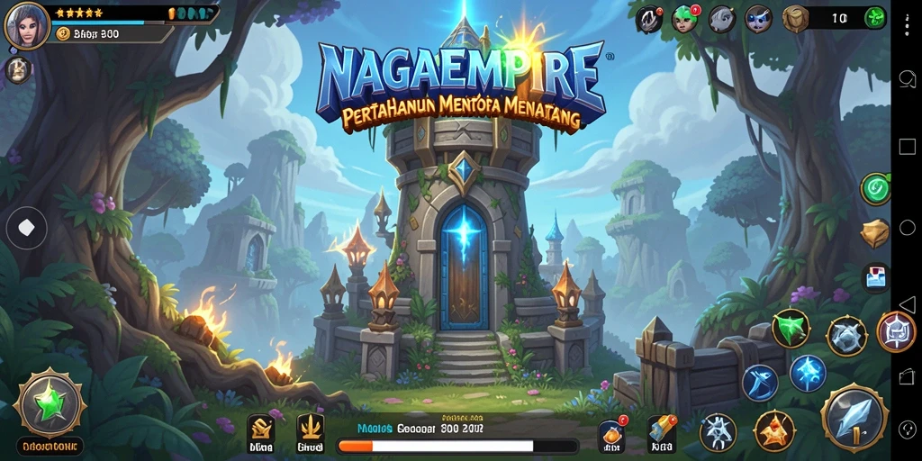 Tangkapan layar NAGAEMPIRE menampilkan aksi menara bertahan melawan gelombang musuh.
