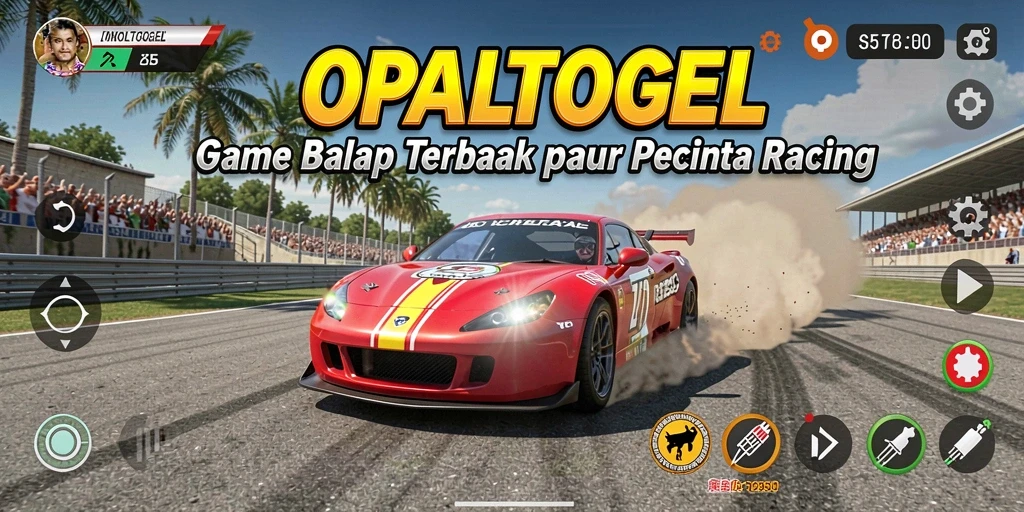 Gameplay menegangkan pada trek balap OPALTOGEL dengan mobil balap yang cepat.