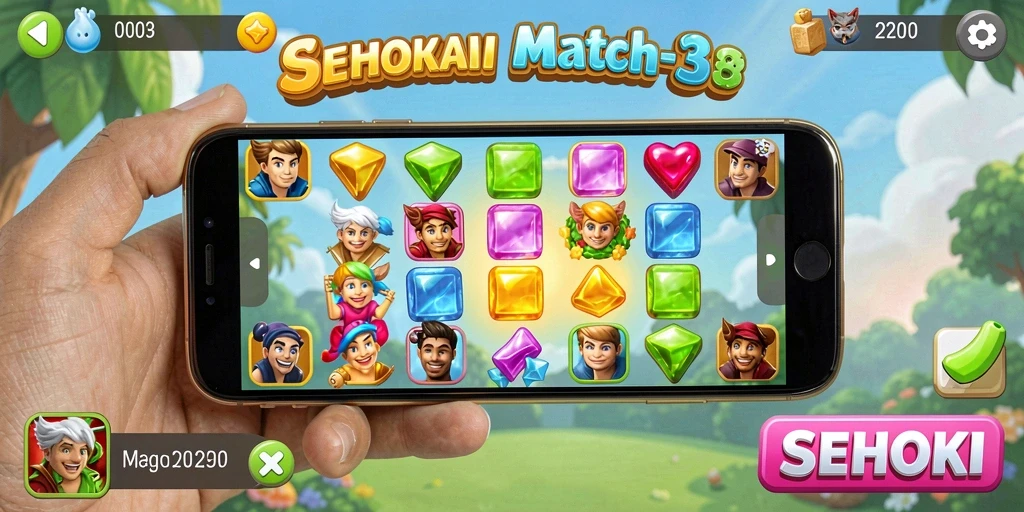 Tampilan permainan SEHOKI dengan grafis cerah dan gameplay Match-3.