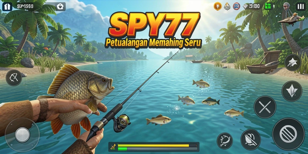 Screenshot gameplay SPY77 yang menampilkan aksi memancing yang mendebarkan.